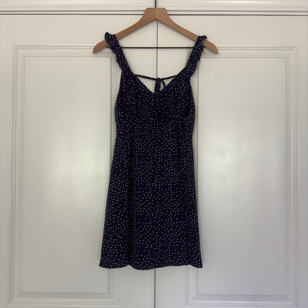 White Fox Polka Dot Mini Dress sleeveless ruffle tie bow back v-neck lightweight - Picture 2 of 14